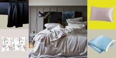 Best silk bedding, including pillowcases, sheets, and duvets, pictured against a colorful checkered background