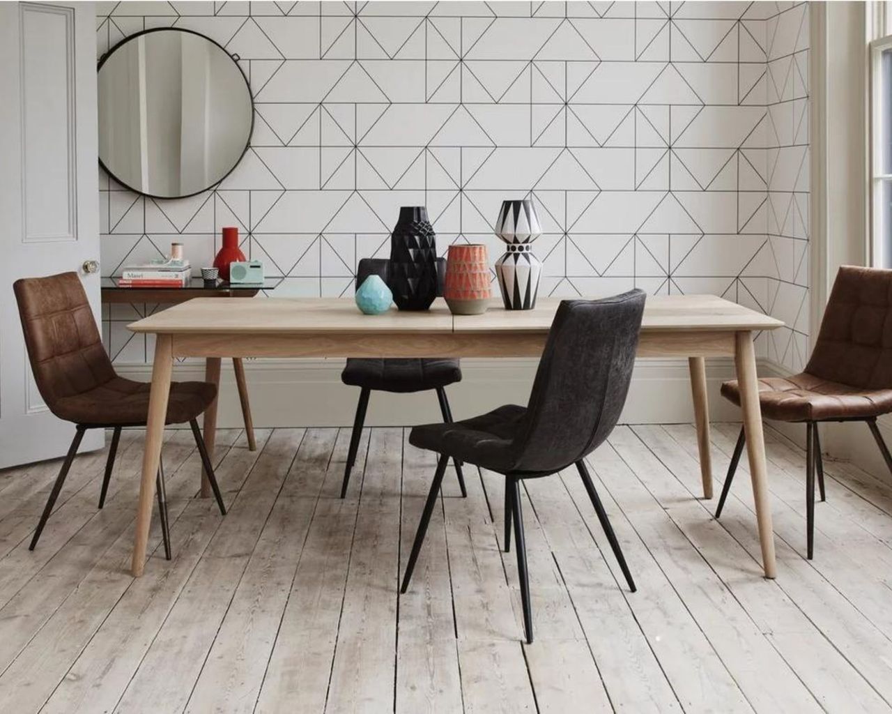 Furniture Village Walker Extending Dining Table in dining room with velvet and leather chairs
