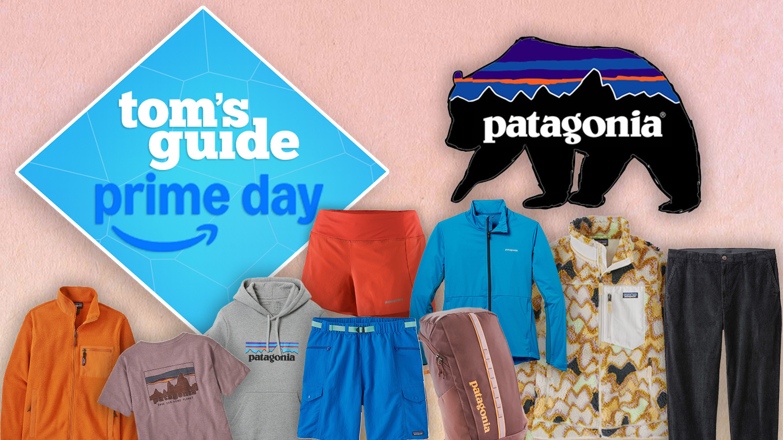 a composite image on a peach background with the patagonia bear logo and tom&#039;s guide deal badge with patagonia gear on top