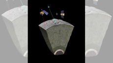 An illustration of the moon's newly confirmed interior structure, showing a thin crust, a very thick mantle, a zone at the mantle/core interface of low viscosity, a liquid outer core, and a solid inner core.