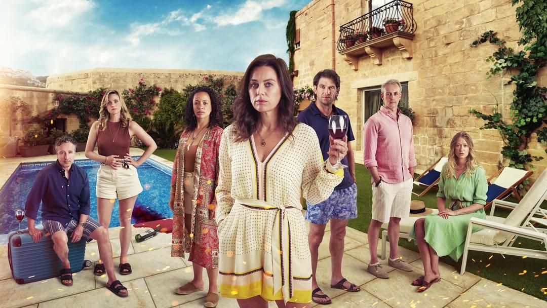 (L-R) Aidan McArdle as Alistair, Liv Mjönes as Jenny, Cat Simmons as Izzy, Jill Halfpenny as Kate, Owen McDonnell as Sean, Andrew Macklin as Russ, Siobhan Hewlett as Rowan in &#039;The Holiday&#039;.