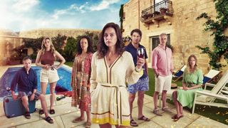 (L-R) Aidan McArdle as Alistair, Liv Mjönes as Jenny, Cat Simmons as Izzy, Jill Halfpenny as Kate, Owen McDonnell as Sean, Andrew Macklin as Russ, Siobhan Hewlett as Rowan in 'The Holiday'.