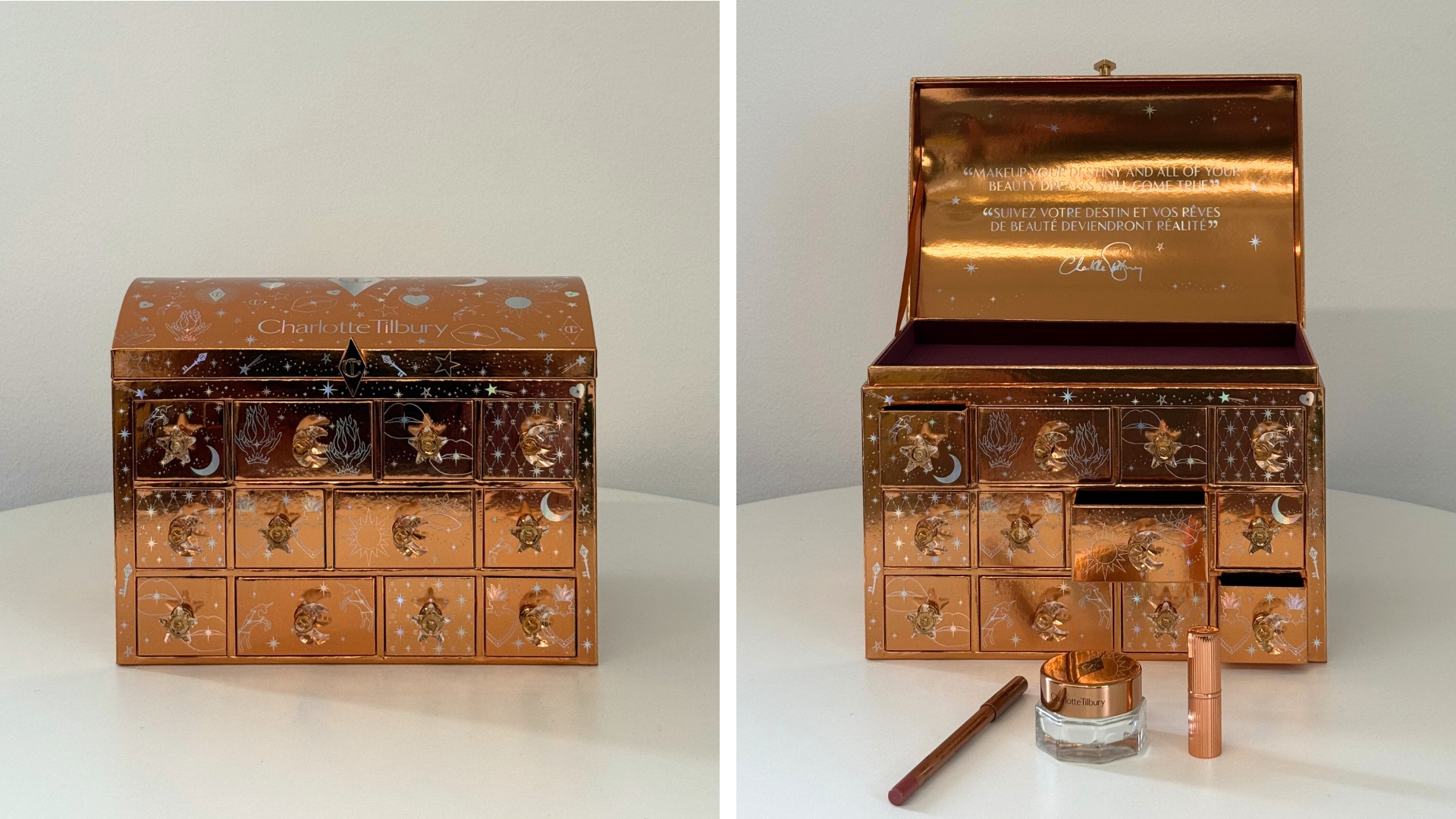 On the left, an image of the closed gold Charlotte Tilbury Beauty Treasure Chest Advent Calendar 2025, and on the right, the opened chest with three hero products in front
