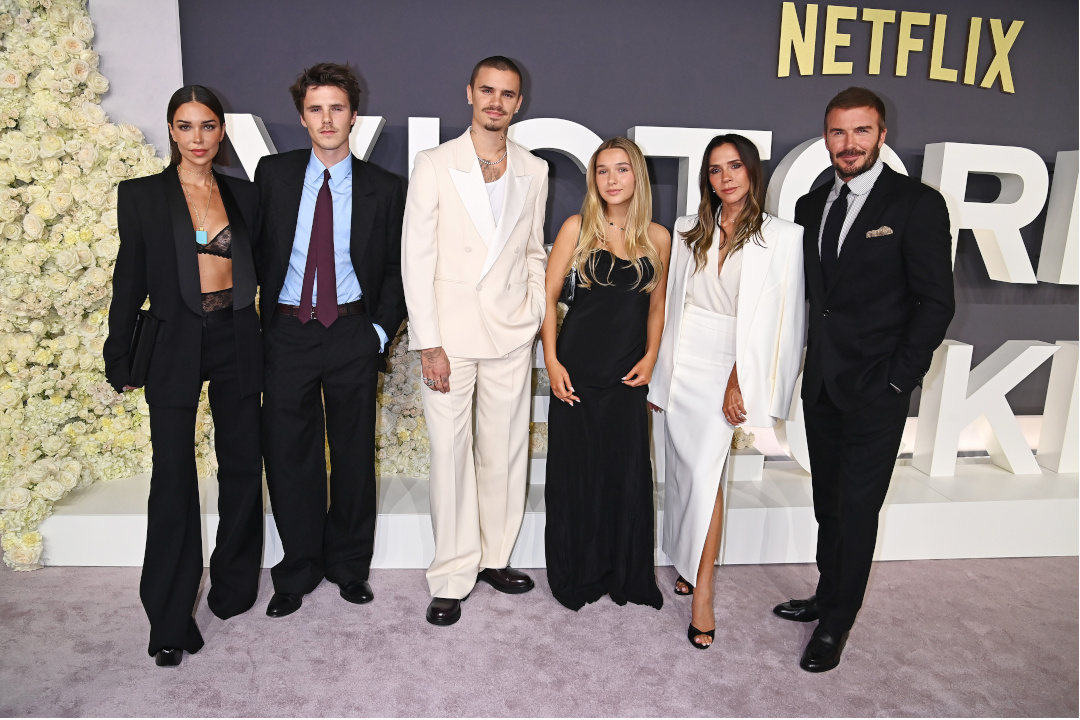 Victoria and David Beckham with children Romeo, Cruz, Harper and Cruz's girfriend Jackie Apostel