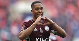 Youri Tielemans of Leicester City celebrates after scoring their side's first goal during The Emirates FA Cup Final match between Chelsea and Leicester City at Wembley Stadium on May 15, 2021 in London, England. A limited number of around 21,000 fans, subject to a negative lateral flow test, will be allowed inside Wembley Stadium to watch this year's FA Cup Final as part of a pilot event to trial the return of large crowds to UK venues.