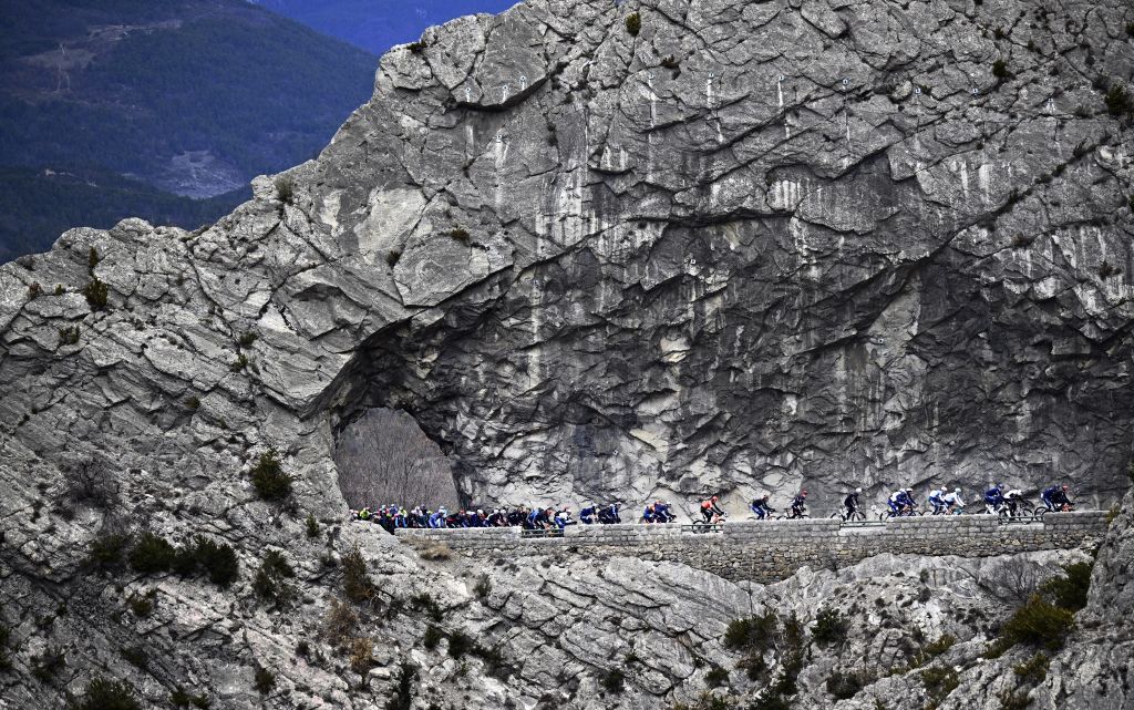 The pack of riders pictured in action during the sixth stage of the Paris-Nice eight days cycling stage race, 198,2km from Sisteron to La Colle-sur-Loup, France, Friday 08 March 2024. BELGA PHOTO JASPER JACOBS (Photo by JASPER JACOBS / BELGA MAG / Belga via AFP)
