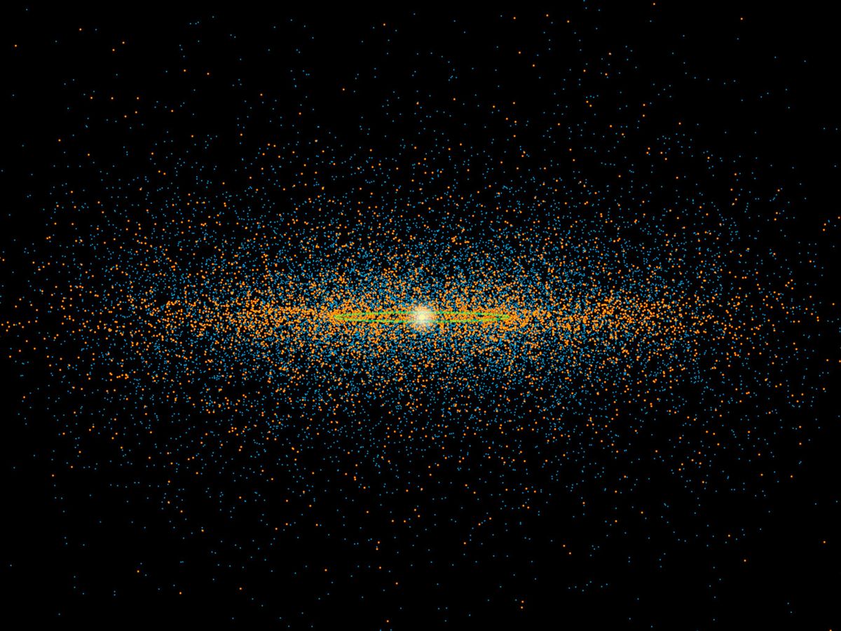 A visualization of some of the near-Earth asteroids tracked by NASA.