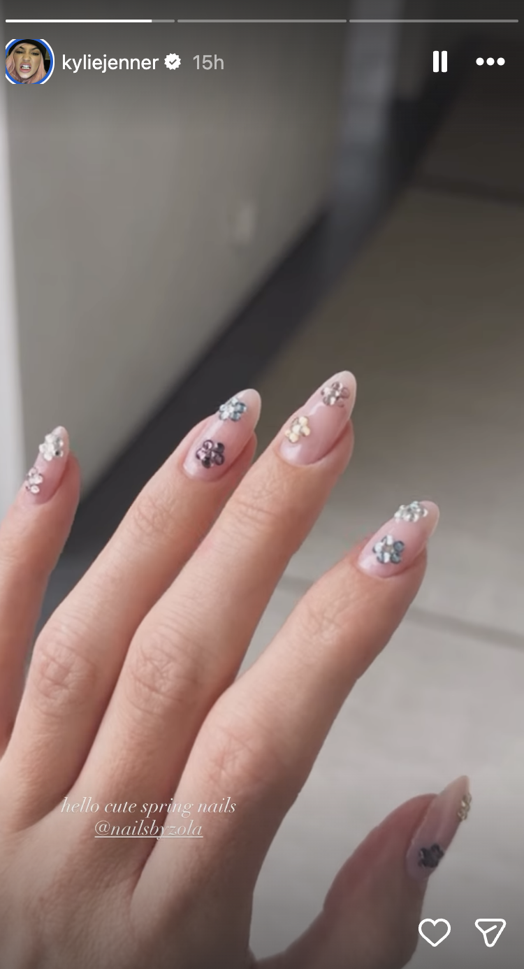 a person wearing a nude manicure with a floral design