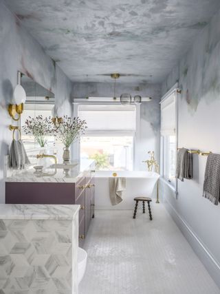 A bathroom with textural walls