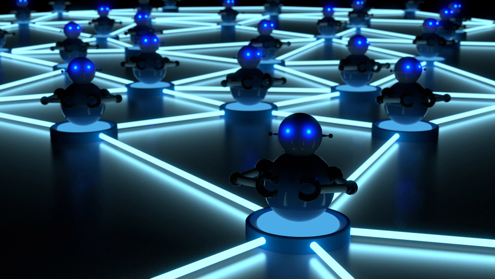 Stilisierte computergestützte Illustration miteinander verbundener blauer Roboter, die die Struktur eines Netzwerk-Botnetzes veranschaulichen.