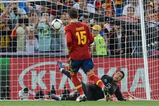 Sergio Ramos converts a penalty for Spain against Portugal in a shootout in Euro 2012.