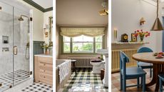 Three images of rooms with gingham tiles