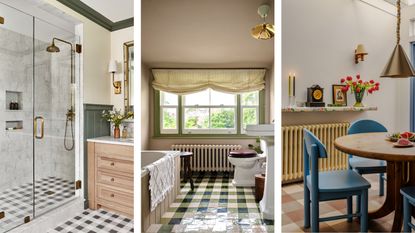Three images of rooms with gingham tiles