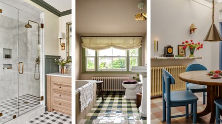 Three images of rooms with gingham tiles