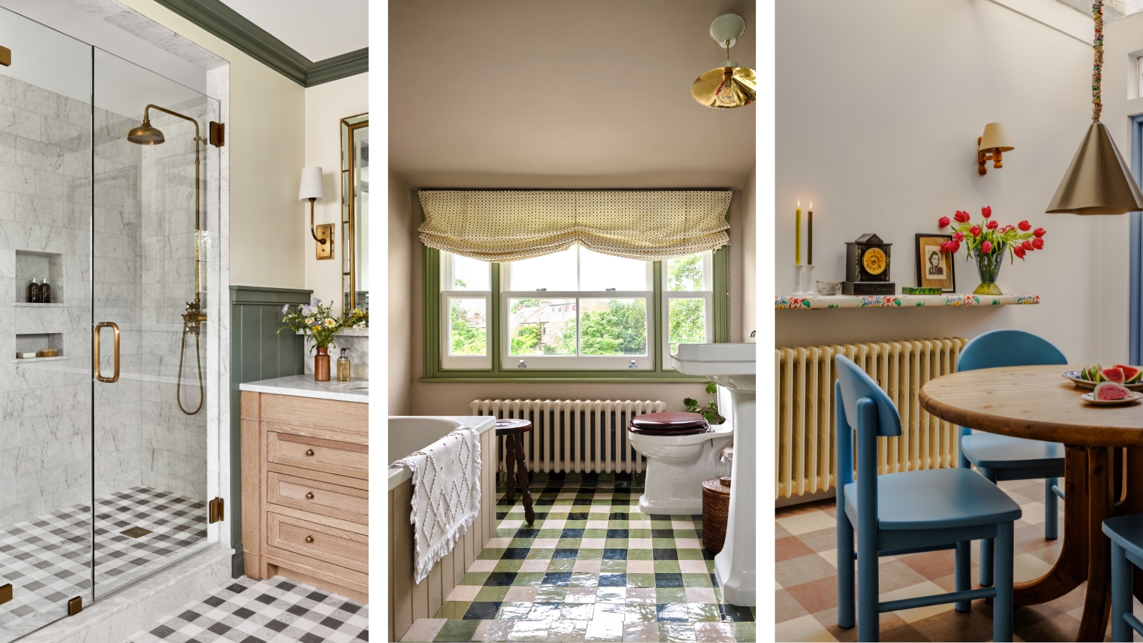 Three images of rooms with gingham tiles