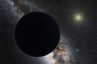 A possible ninth planet in the solar system, known as Planet 9, is illustrated orbiting far beyond Neptune's orbit (shown as a ring around the sun).