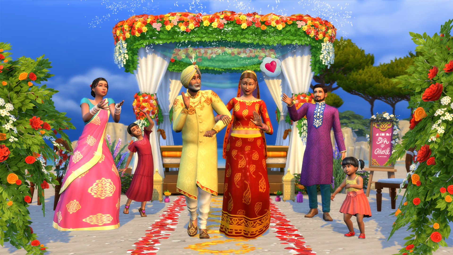 A couple getting married alongside lots of flowers.