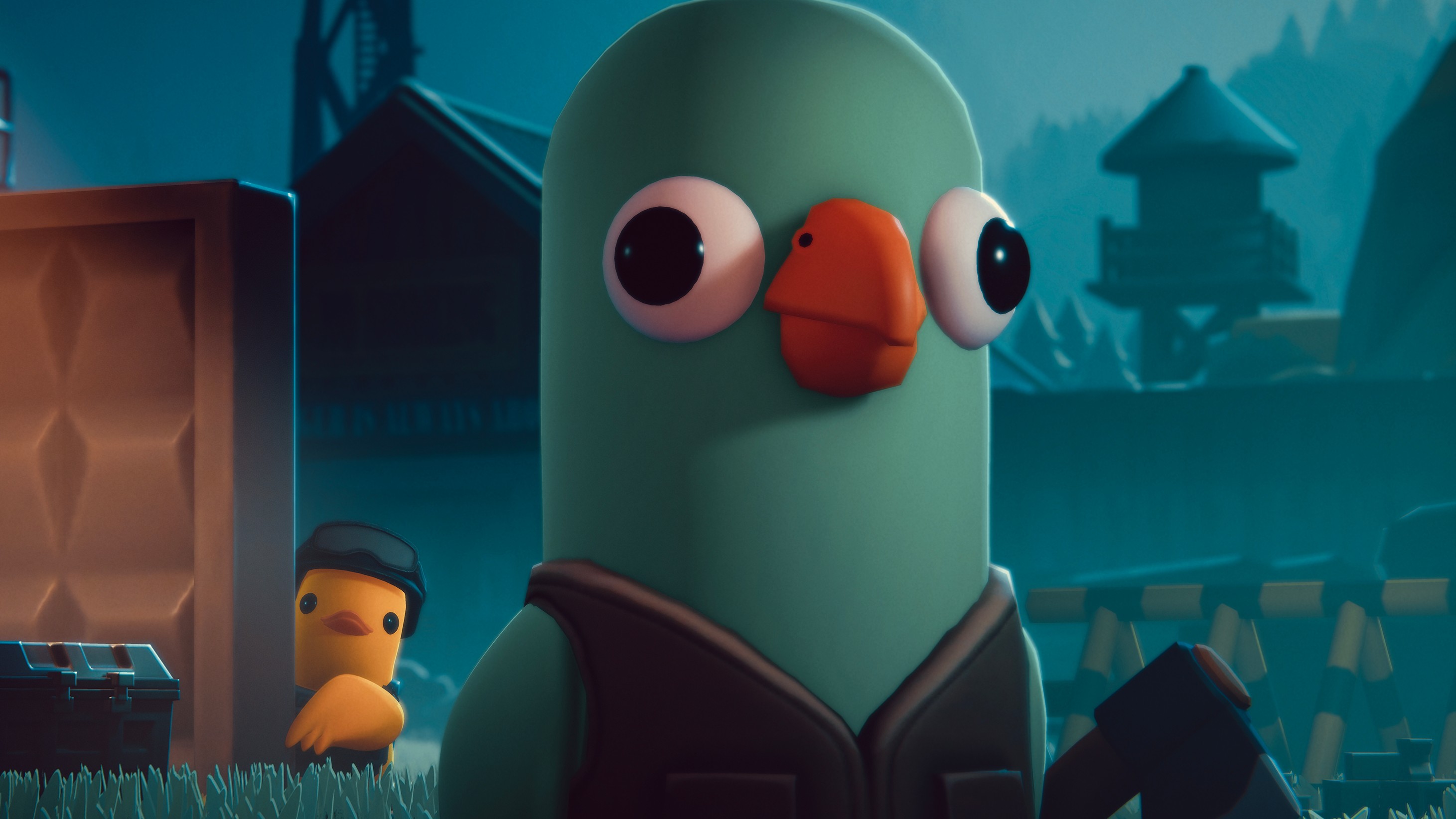 Escape From Duckov - A green pigeon stands unaware while a duck in a SWAT helmet sneaks up from behind