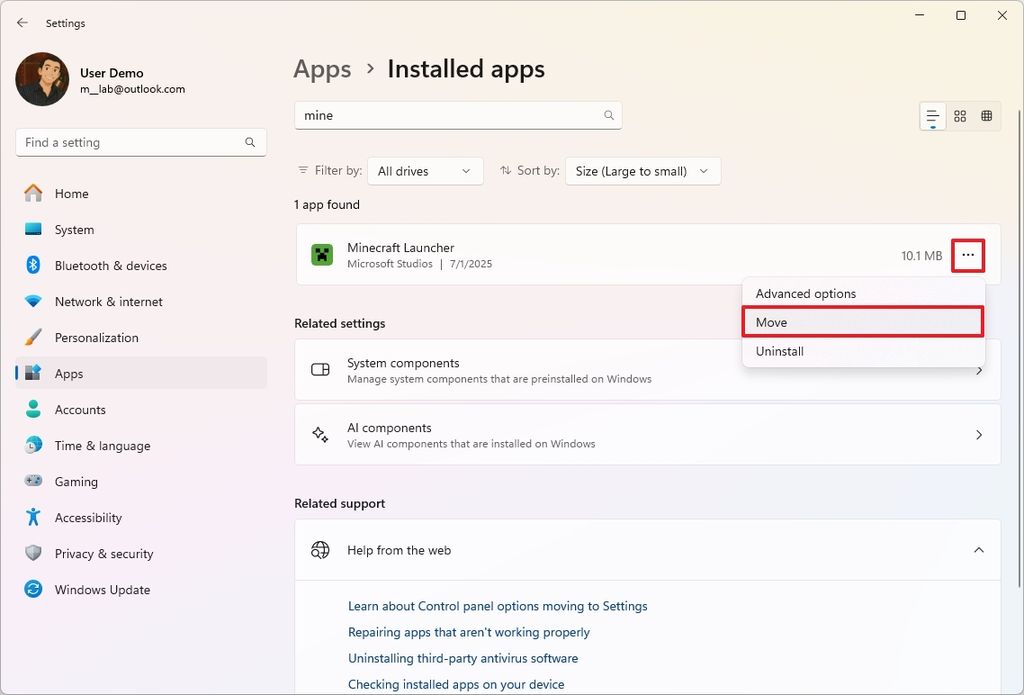 Settings app move game option