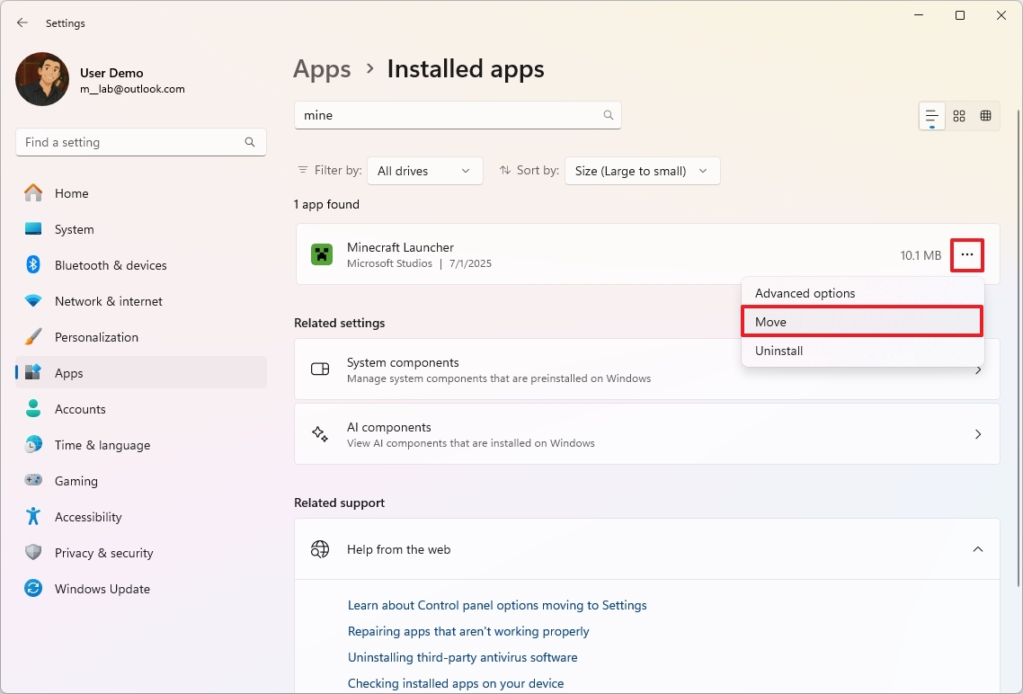 Settings app move game option