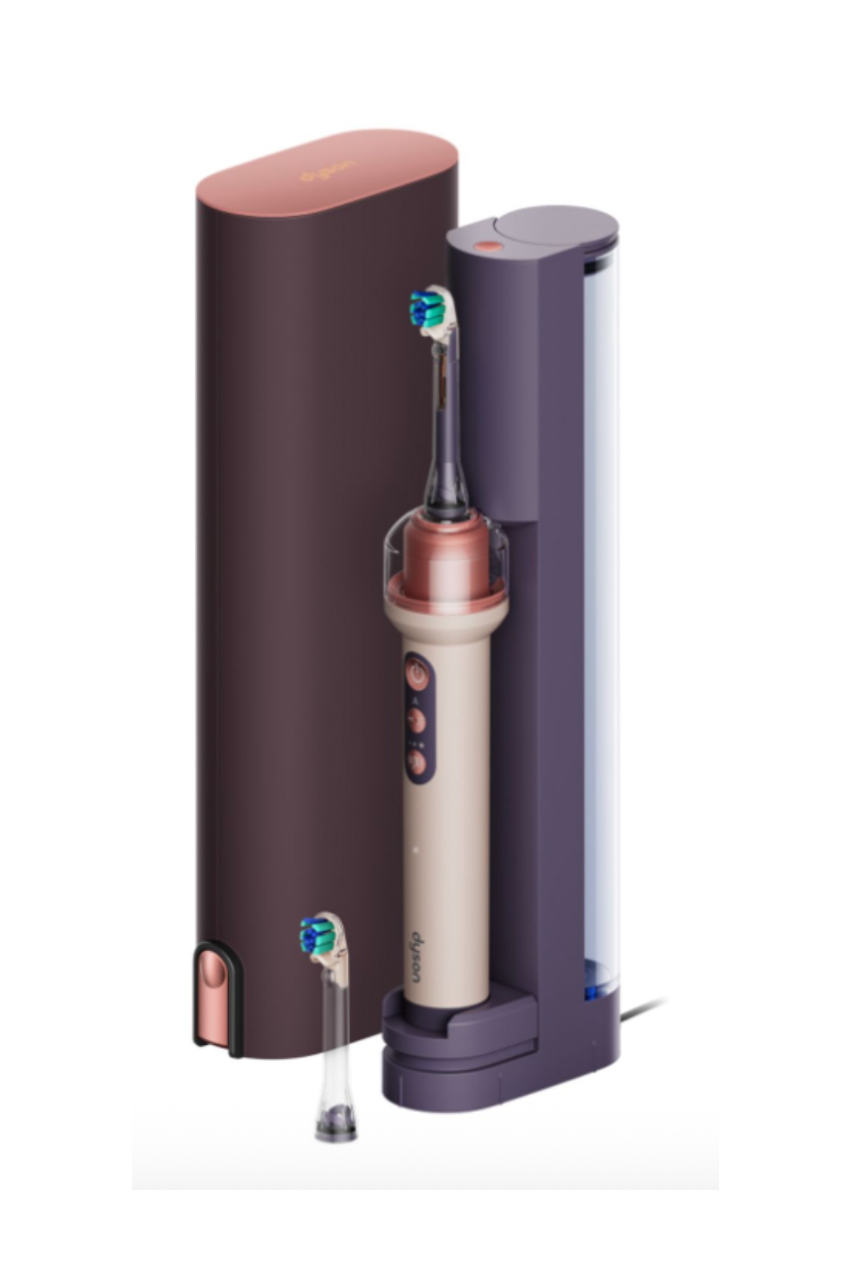 a pink dyson toothbrush on a stand that's dark purple