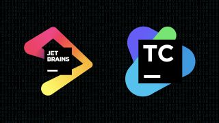 JetBrains TeamCity software logos appearing side by side on a dark background with binary code on