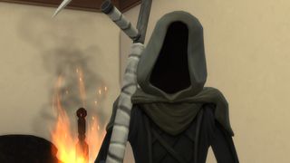 The Sims 4 - The Grim Reaper stands in a room that is on fire