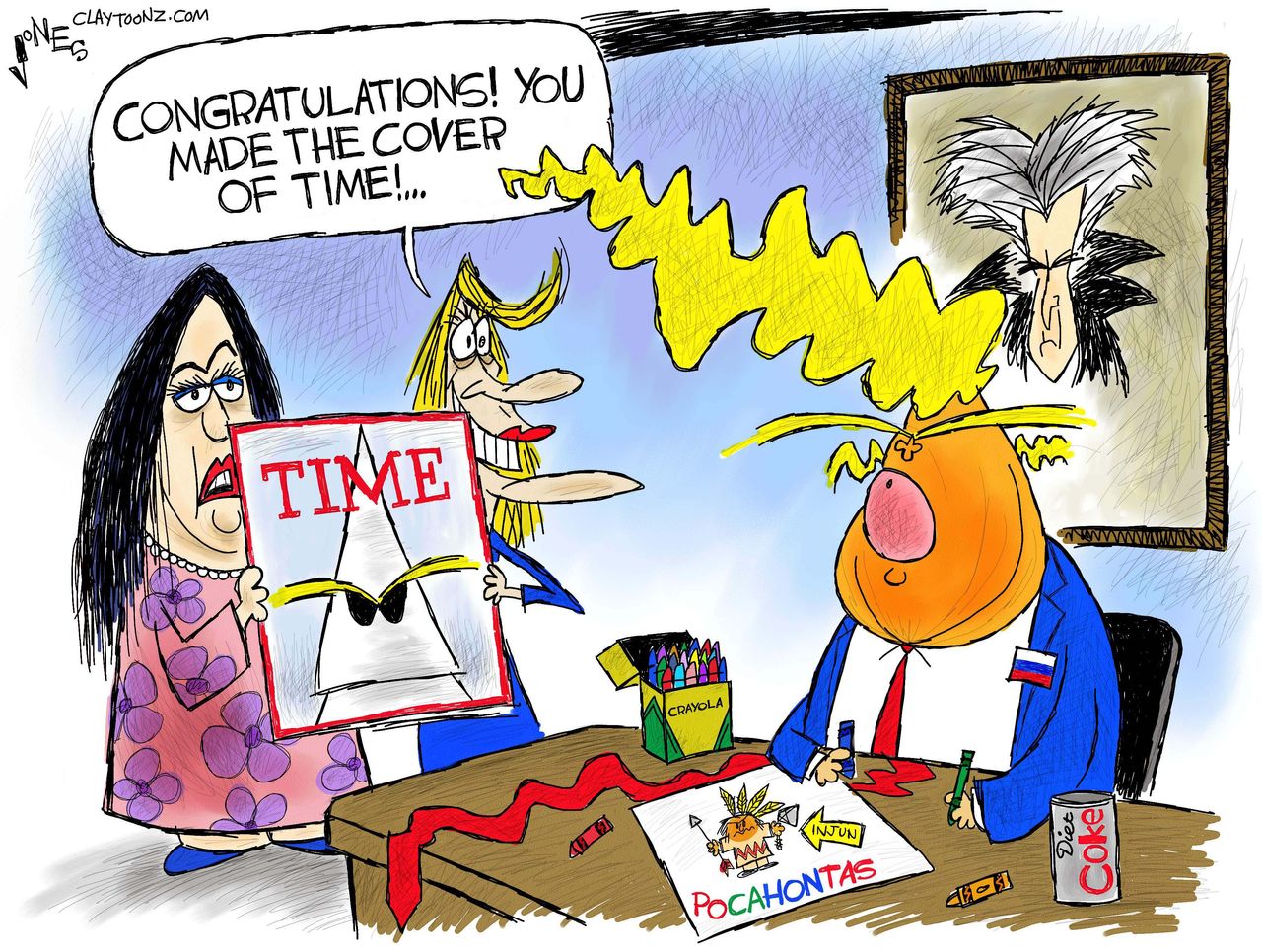 Political cartoon U.S. Trump Pocahontas racism KKK Time Person of the Year