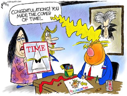 Political cartoon U.S. Trump Pocahontas racism KKK Time Person of the Year