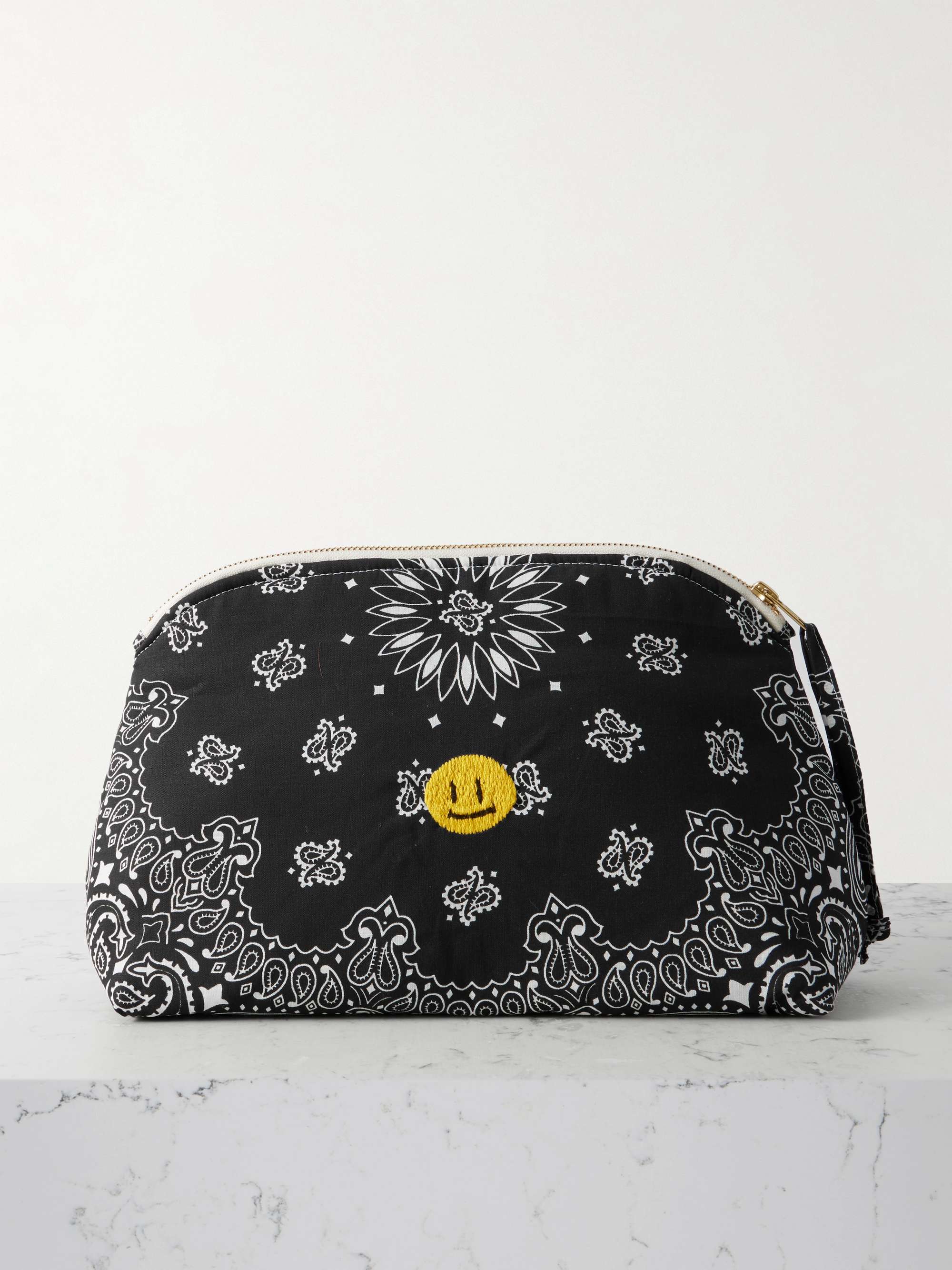 Happy Face Vanity Embroidered Bandana-Print Cotton Pouch