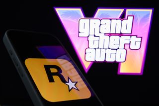 GTA VI branding with Rockstar logo on mobile phone