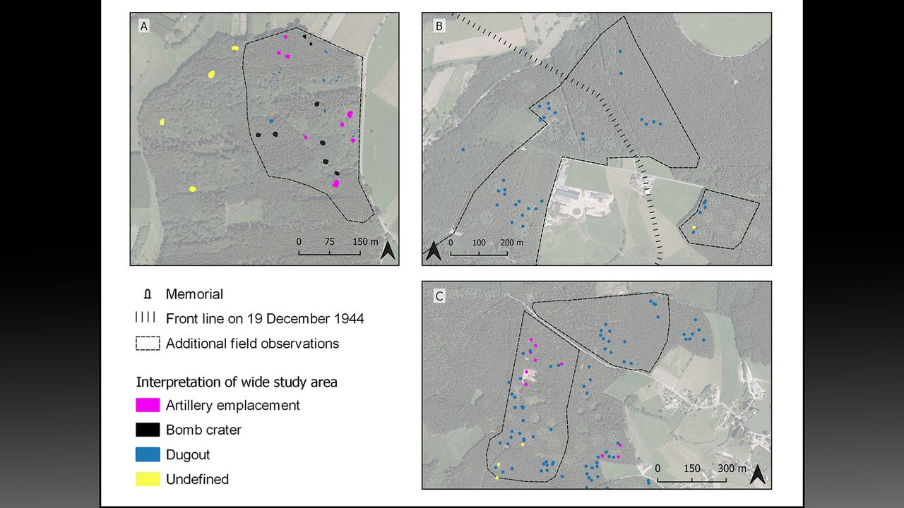 Map of study area of the Herresbach (A); Pr&uuml;merberg (B); and Schlierbach areas of the Battle of the Bulge site