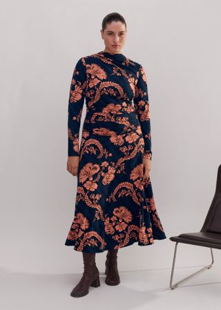 Midnight Floral Print Pleat Detail Dress