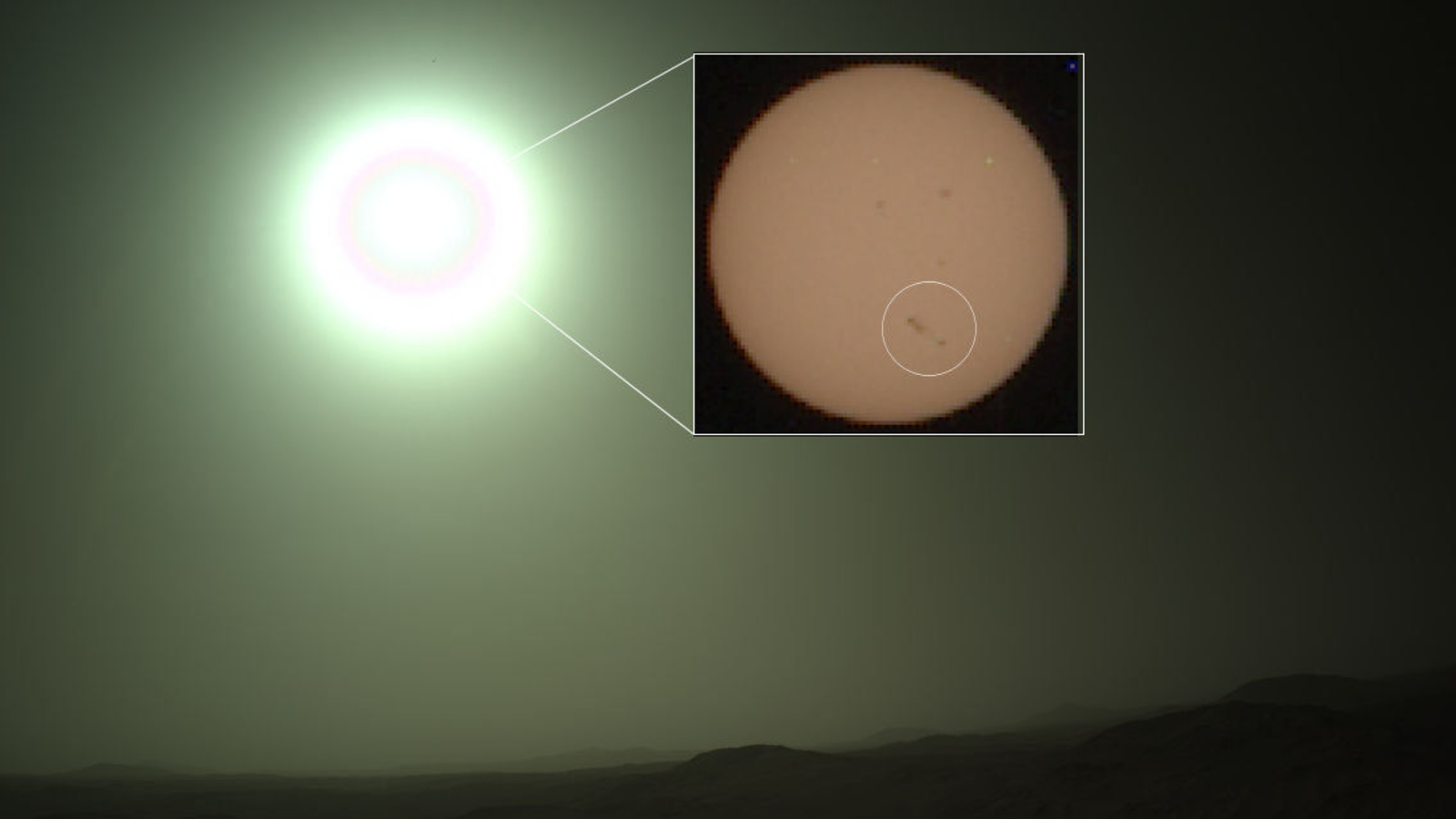 Photo of the sun taken by the Perseverance rover on Mars, with a close-up of the sunspot on the sun&#039;s far side