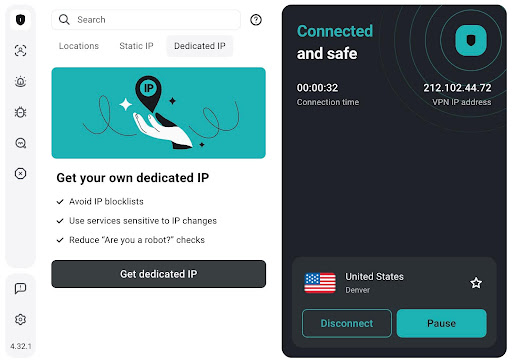 Screenshot of Surfshark&#039;s dedicated IP feature within the app