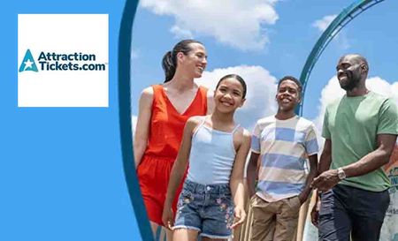 Attraction Tickets logo placed top left with a family of four smiling happly in front of a roller coaster