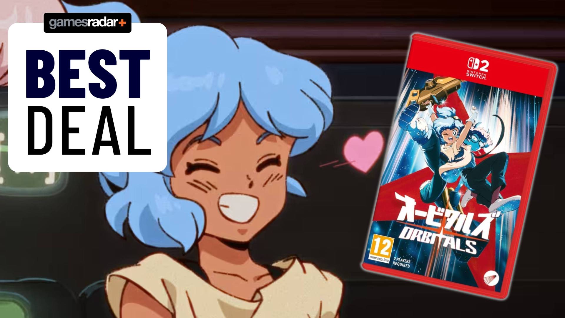 Screenshot from the Switch 2 game Orbitals with a GamesRadar+ 'best deal' icon and the Switch 2 game box on top.