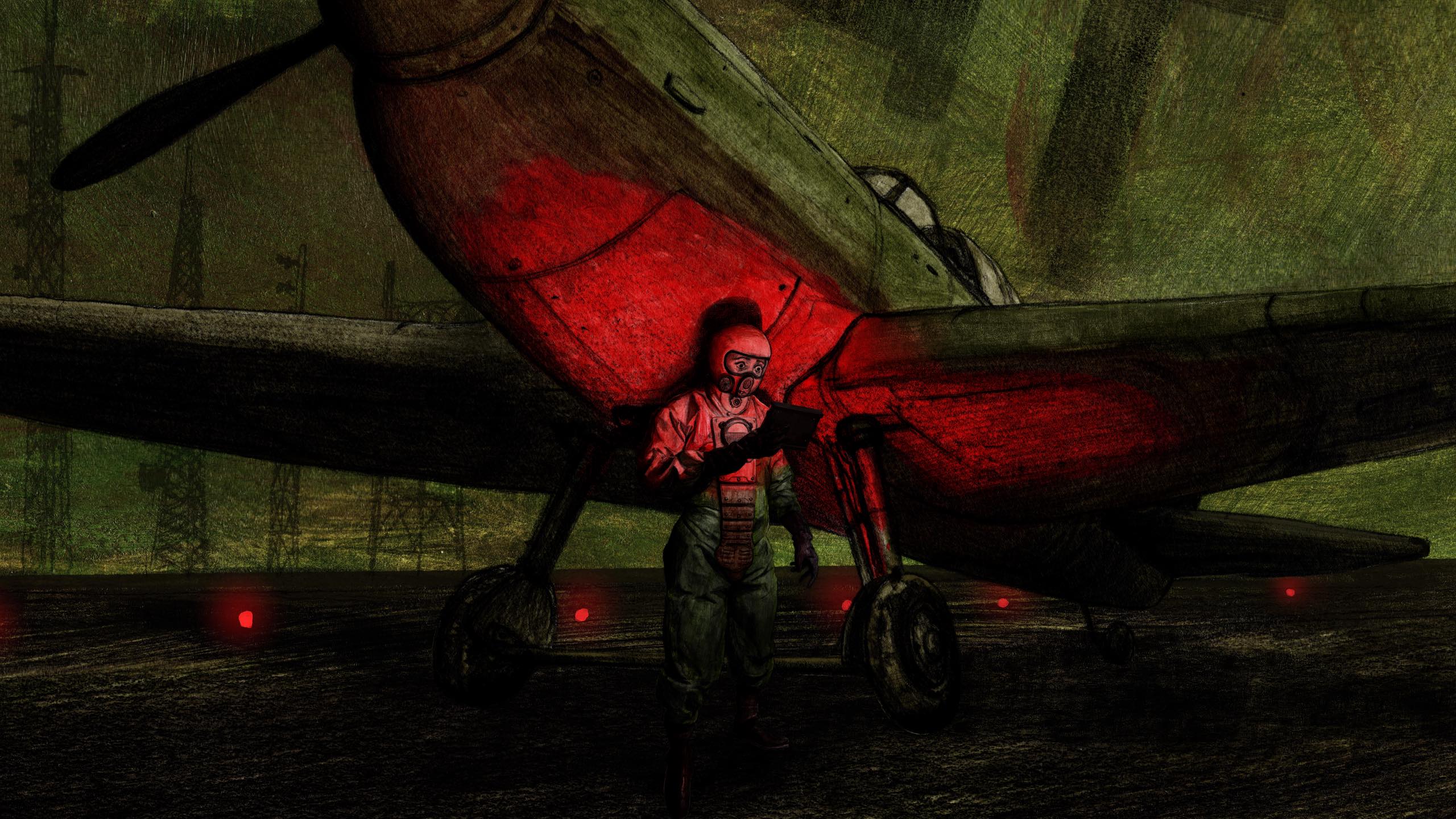 A pilot stands by their plane in the dark, illuminated by an eerie red glow.