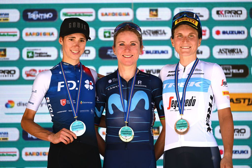 ALDENO ITALY JULY 08 LR Marta Cavalli of Italy and Team FDJ Nouvelle Aquitaine Futuroscope on second place stage winner Annemiek Van Vleuten of Netherlands and Movistar Team and Elisa Longo Borghini of Italy and Team Trek Segafredo on third place pose and celebrate on the podium ceremony after the 33rd Giro dItalia Donne 2022 Stage 8 a 1047km stage from Rovereto to Aldeno GiroDonne UCIWWT on July 08 2022 in Aldeno Italy Photo by Dario BelingheriGetty Images