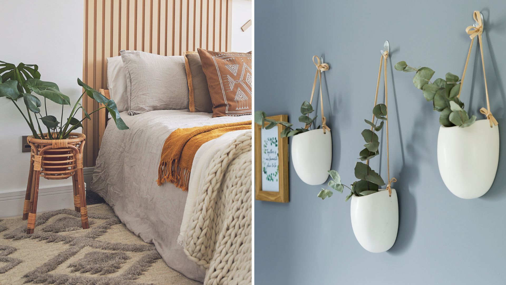 Japandi bedroom with potted plant beside the bed and eucalyptus in handing vases