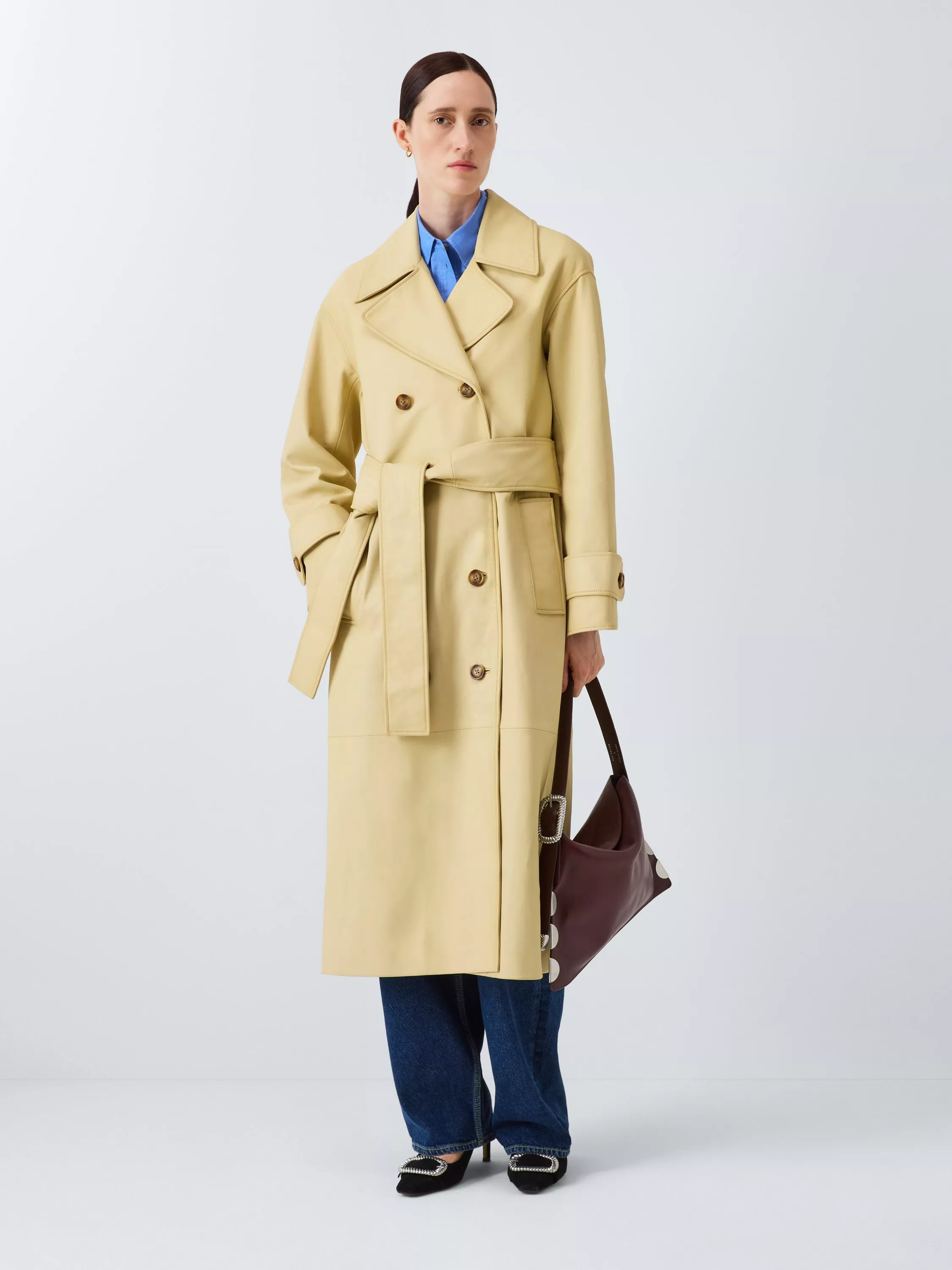 John Lewis X Rejina Pyo Longline Soft Leather Belted Trench Coat, Soft Yellow
