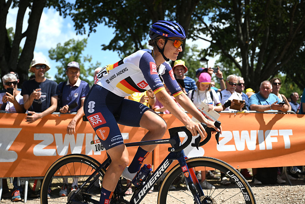 BOURG-EN-BRESSE, FRANCE - AUGUST 01: Franziska Koch of Germany and Team Picnic PostNL prior to the 4th Tour de France Femmes 2025, Stage 7 a 159.7km stage from Bourg-en-Bresse to Chambery / #UCIWWT / on August 01, 2025 in Bourg-en-Bresse, France. (Photo by Szymon Gruchalski/Getty Images)