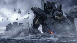 Scene from Pacific Rim (2013). Here we see the upper bodies of two giant mecha robots in the sea, followed by at least six helicopters.