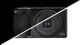 A split image showing a Ricoh GR IV on a black background, cutting away to a Ricoh GR III against a white background