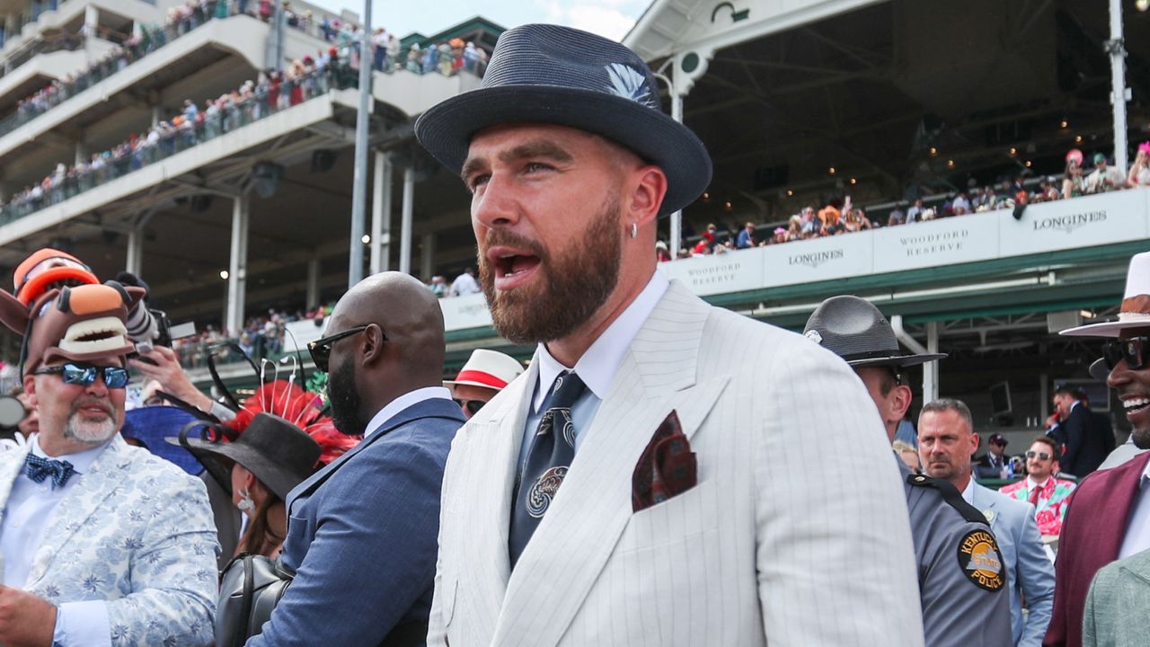 Kansa City Chiefs player Travis Kelce enjoys a race at the 150th running of the Kentucky Derby at Churchill Downs on May 4, 2024 in Louisville, Kentucky.