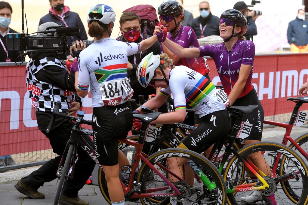 The SD Wrox team celebrate their domination of Strade Bianche