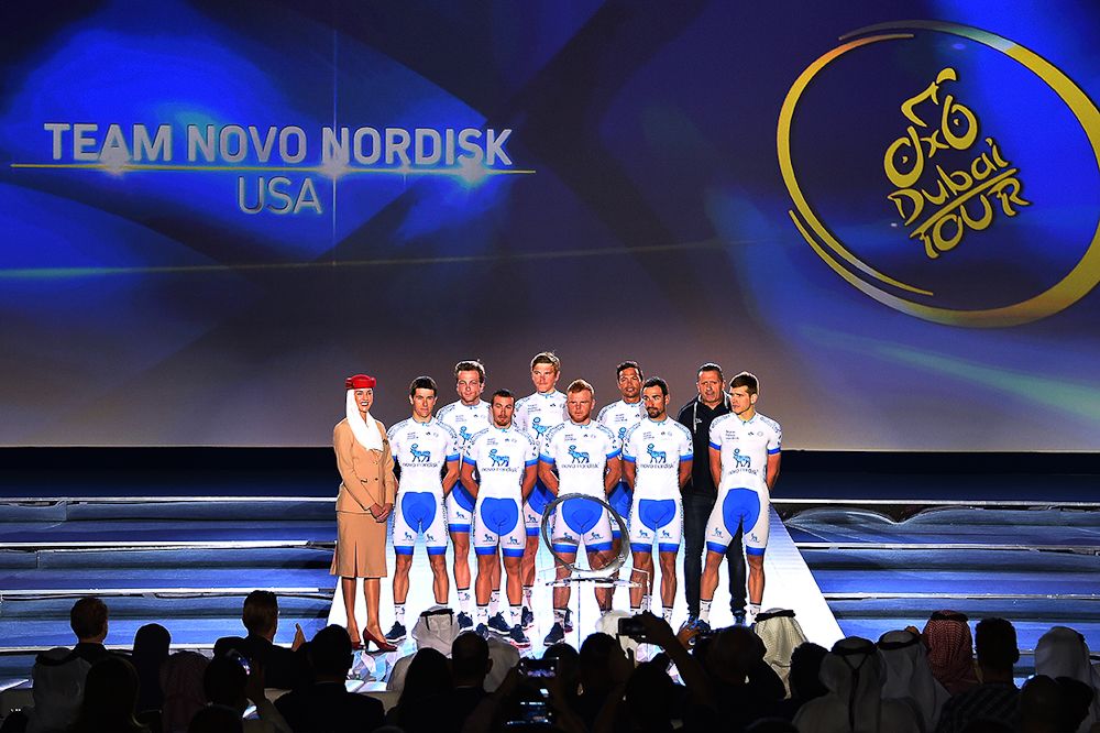 Novo Nordisk riders are introduced at the Dubai Tour presentation