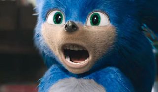 Sonic The Hedgehog in his original design, screaming with teeth