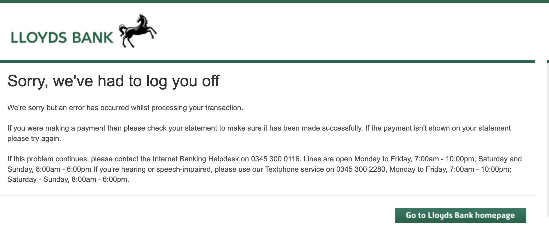 Lloyds Bank login screen error message during AWS outage.