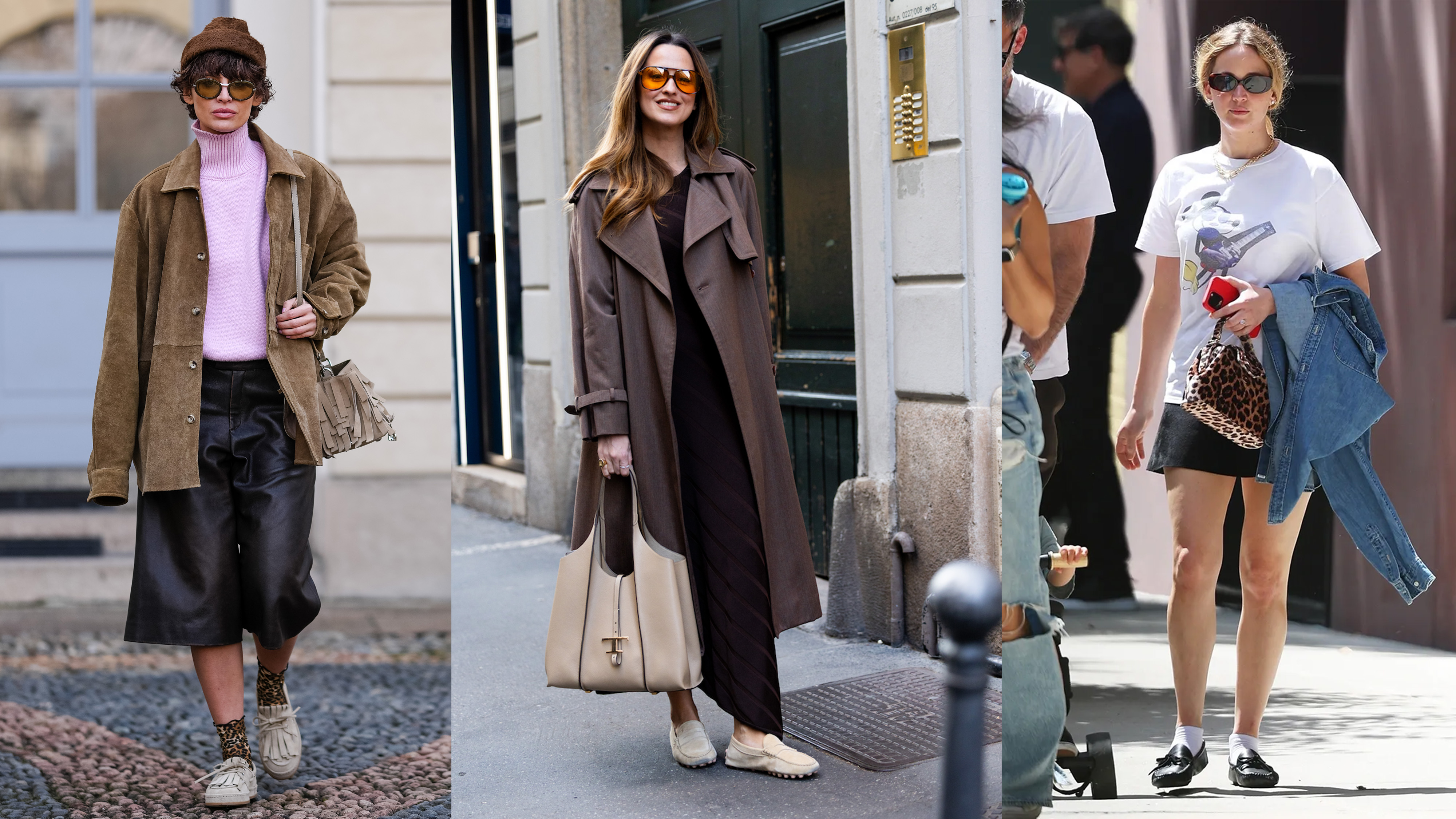 A collage of women on the street wearing moccasins.